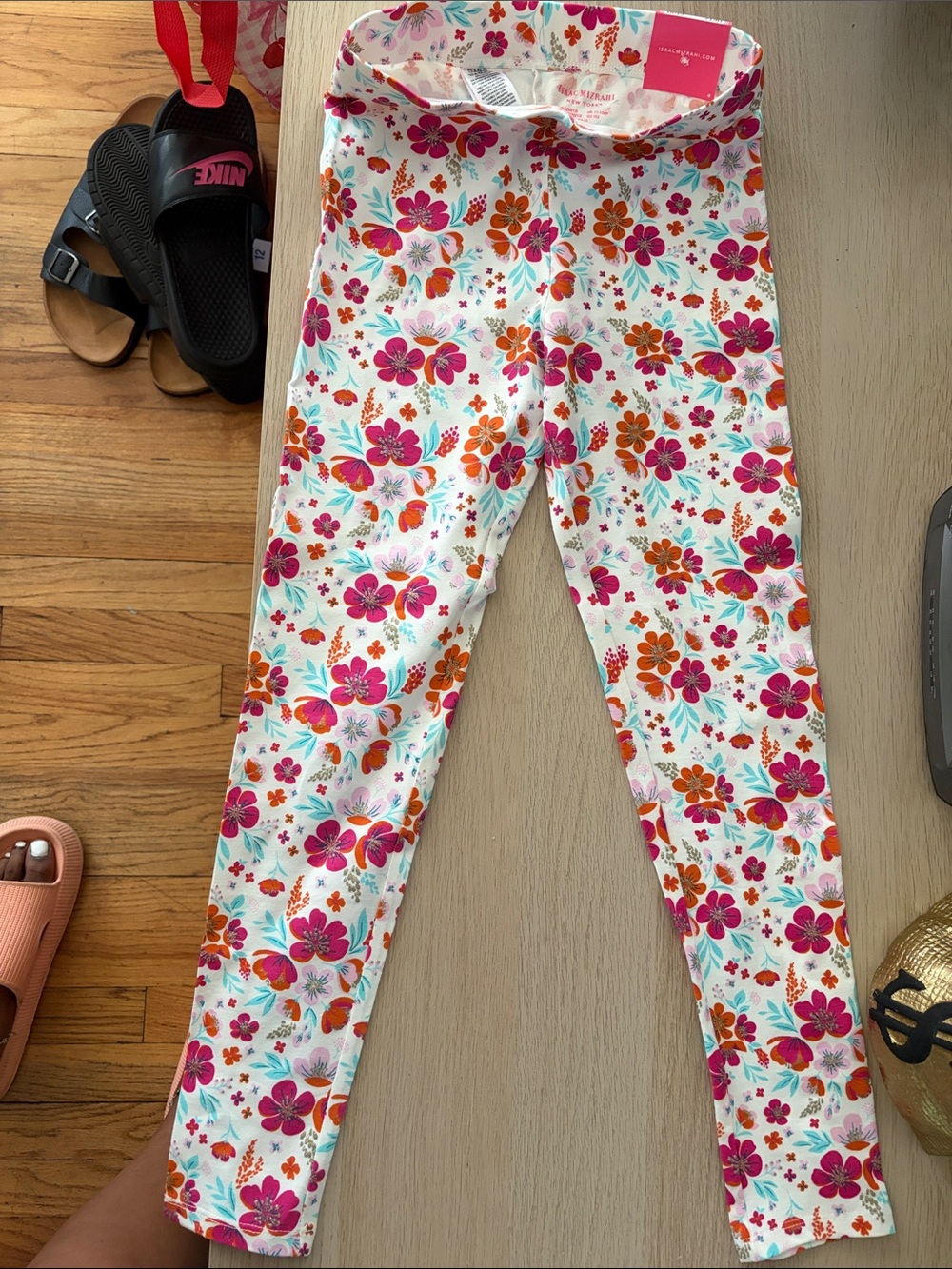 Isaac Mizrahi White Floral Kids Leggings with Pink & Orange Flowers